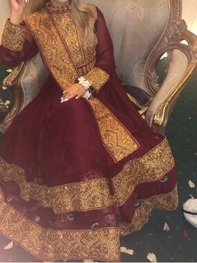 Maroon and Gold Women's Afghan Dress